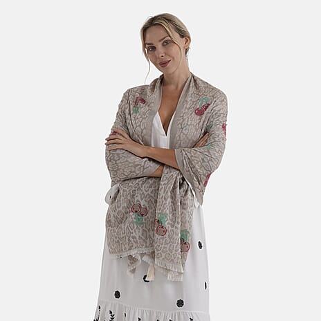 - Maisi Cherry-Printed Scarf (180 x 70Cm) - Grey