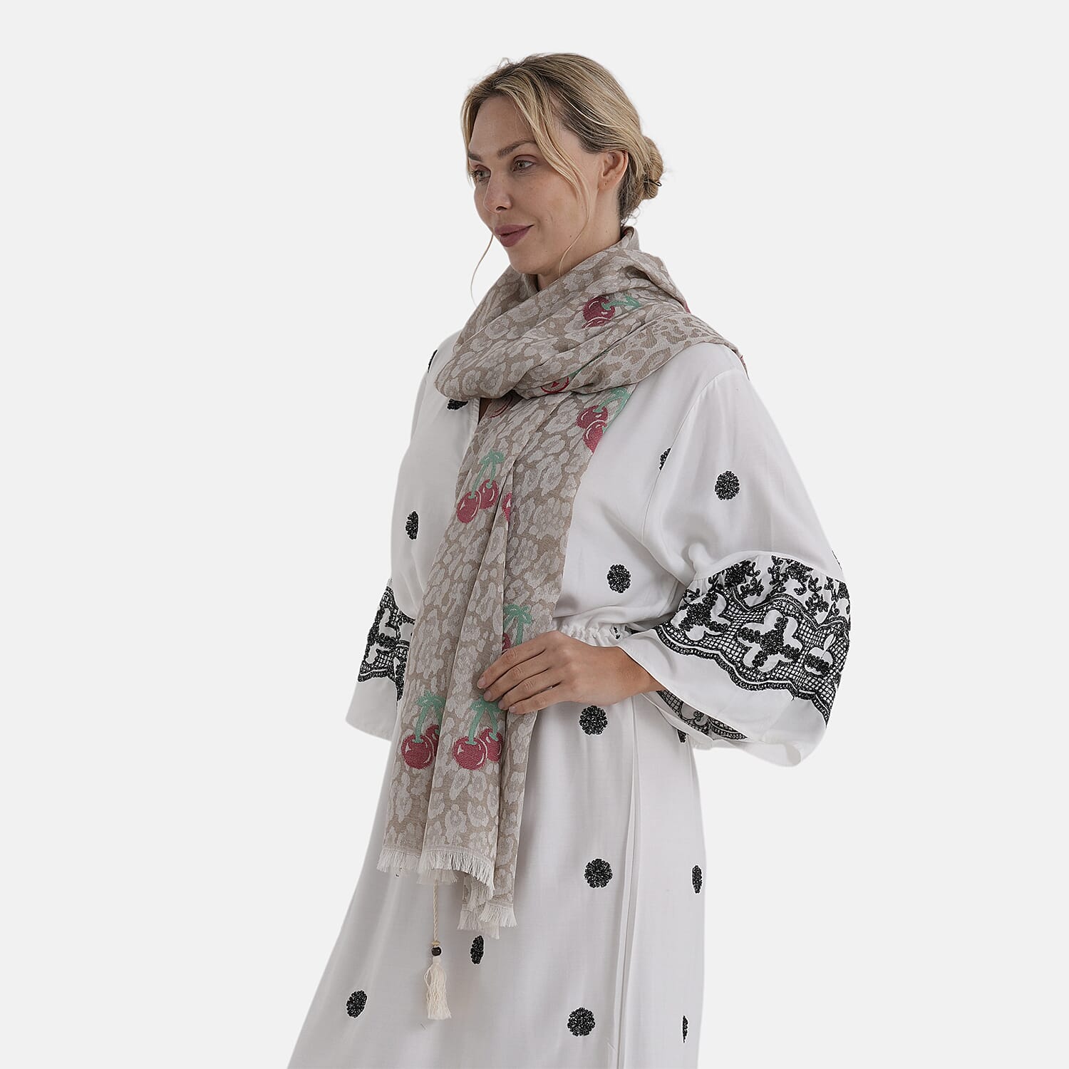 - Maisi Cherry-Printed Scarf (180 x 70Cm) - Grey