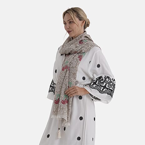 - Maisi Cherry-Printed Scarf (180 x 70Cm) - Grey
