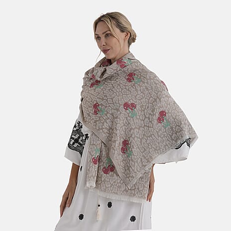 - Maisi Cherry-Printed Scarf (180 x 70Cm) - Grey