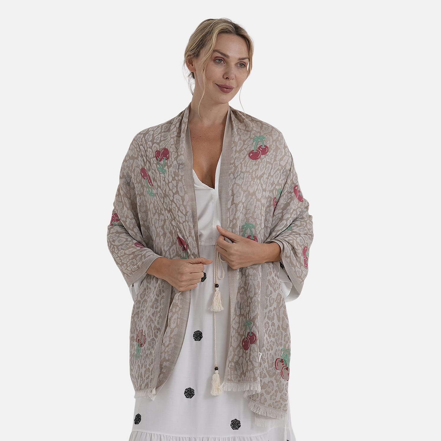 - Maisi Cherry-Printed Scarf (180 x 70Cm) - Grey