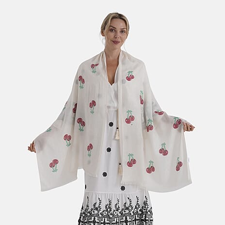 - Maisi Cherry-Printed Scarf (180 x 70Cm) - White