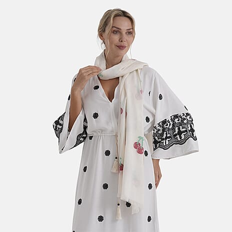 - Maisi Cherry-Printed Scarf (180 x 70Cm) - White
