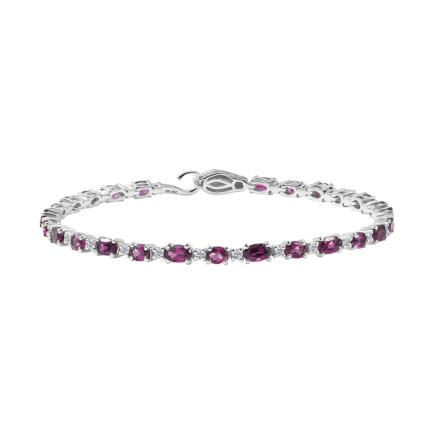 D'Joy Radiant Ember Garnet, Moissanite Fancy Bracelet (Size - 7.5) in Rhodium OverlaySterling Silver, Silver Wt.8 Gms  6.877  Ct.