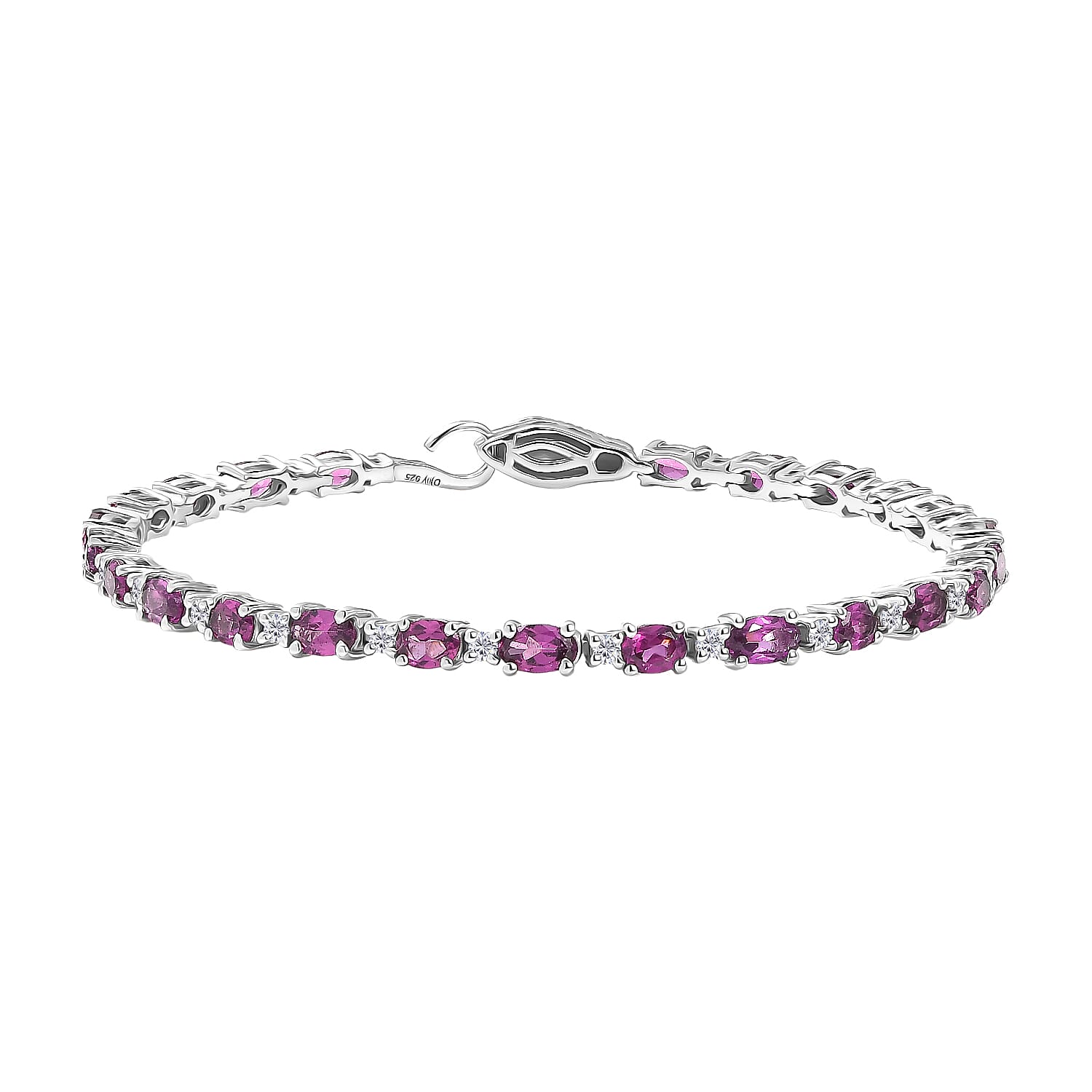 D'Joy Radiant Ember Garnet, Moissanite Fancy Bracelet (Size - 7) in Rhodium OverlaySterling Silver, Silver Wt.8 Gms  6.348  Ct.