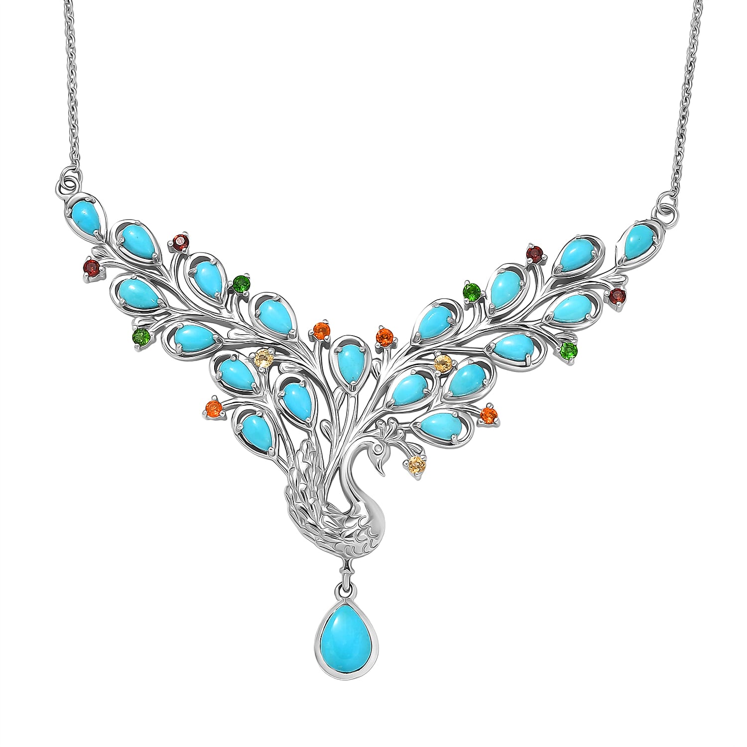 D'Joy Sleeping Beauty Turquoise & Multi Gemstones Cluster Necklace (Size - 20) with Lobster Clasp in Rhodium Overlay Sterling Silver 5.41 Ct, Silver Wt. 16.44 Gms