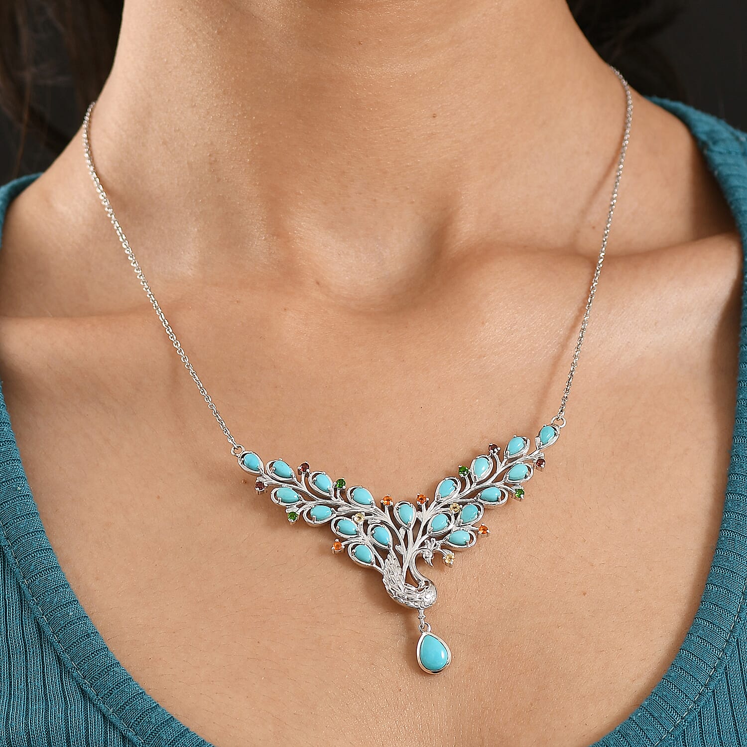 D'Joy Sleeping Beauty Turquoise & Multi Gemstones Cluster Necklace (Size - 20) with Lobster Clasp in Rhodium Overlay Sterling Silver 5.41 Ct, Silver Wt. 16.44 Gms