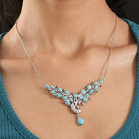 D'Joy Sleeping Beauty Turquoise & Multi Gemstones Cluster Necklace (Size - 20) with Lobster Clasp in Rhodium Overlay Sterling Silver 5.41 Ct, Silver Wt. 15.54 Gms