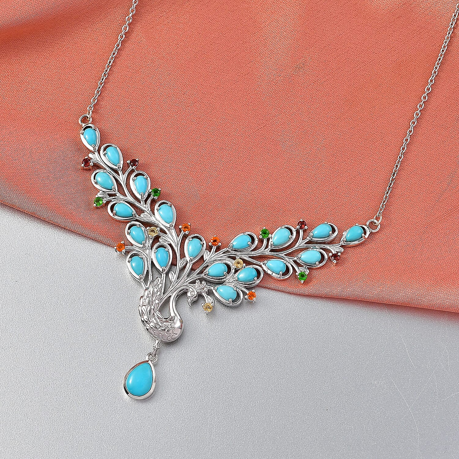D'Joy Sleeping Beauty Turquoise & Multi Gemstones Cluster Necklace (Size - 20) with Lobster Clasp in Rhodium Overlay Sterling Silver 5.41 Ct, Silver Wt. 16.44 Gms