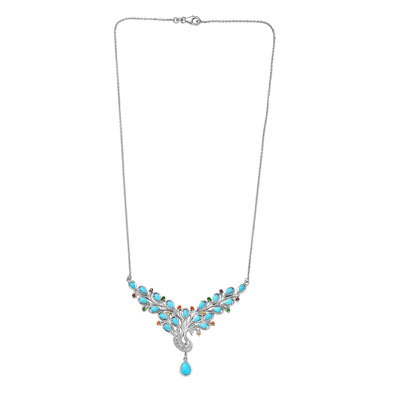 D'Joy Sleeping Beauty Turquoise & Multi Gemstones Cluster Necklace (Size - 20) with Lobster Clasp in Rhodium Overlay Sterling Silver 5.41 Ct, Silver Wt. 16.44 Gms