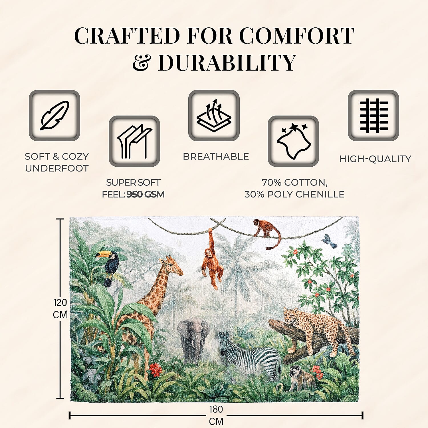 Digital Animal - Woodland Area Printed Anti Skid Rug (120x180cm) - Multicolour