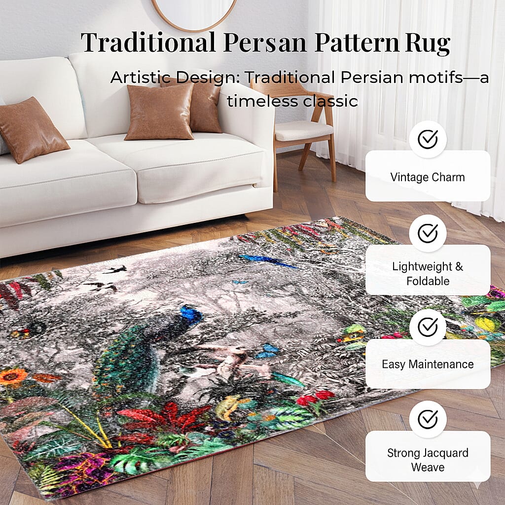 Digital Peacock - Woodland Area Printed Anti Skid Rug (120x180cm) - Multicolour