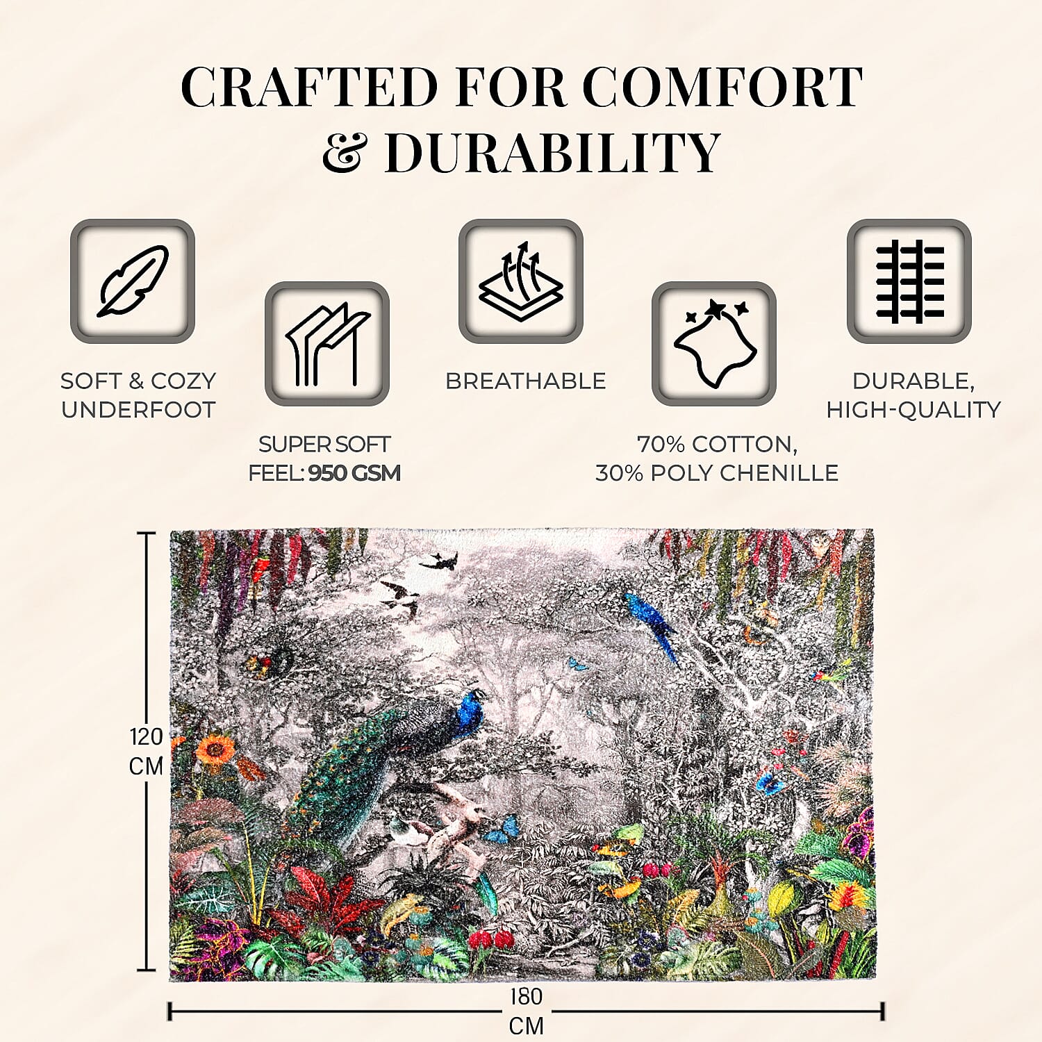 Digital Peacock - Woodland Area Printed Anti Skid Rug (120x180cm) - Multicolour