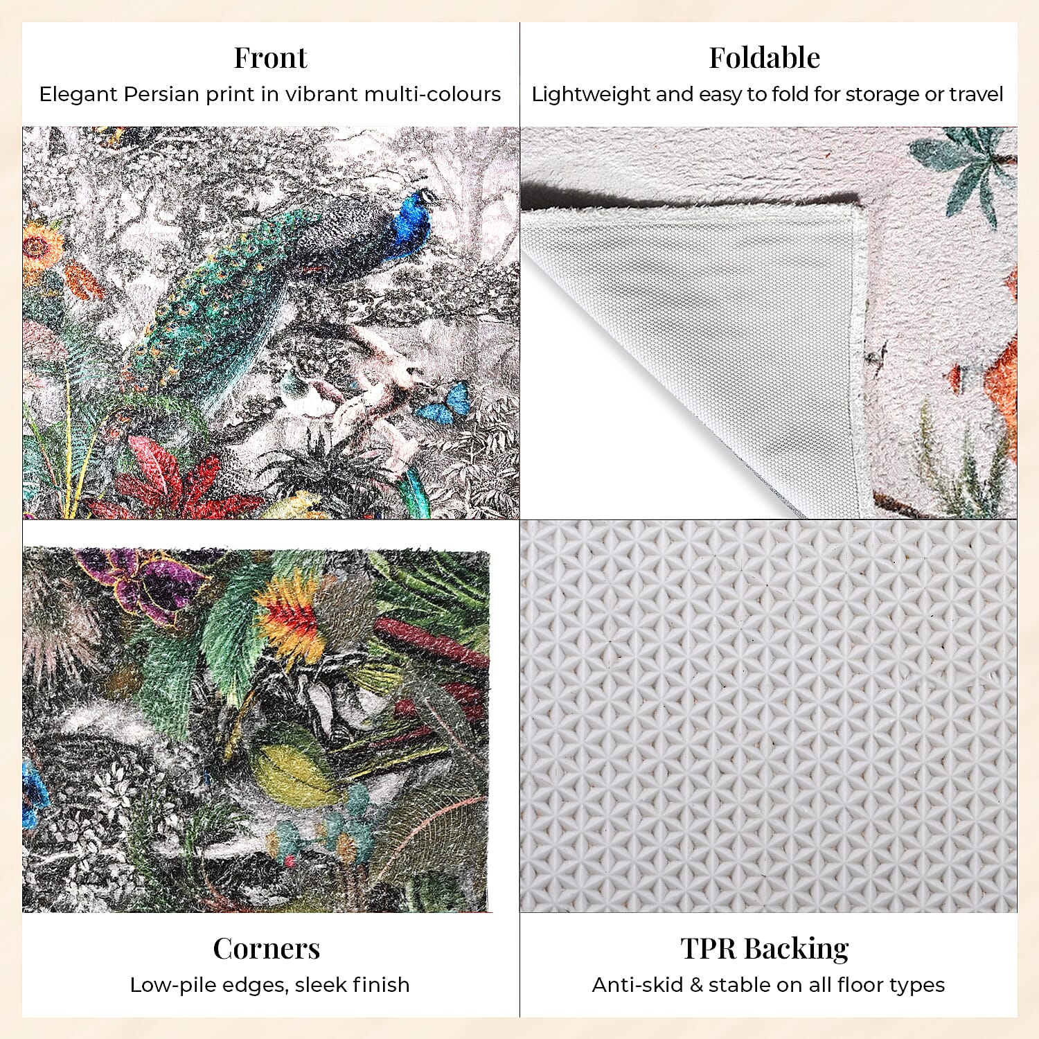 Digital Peacock - Woodland Area Printed Anti Skid Rug (120x180cm) - Multicolour