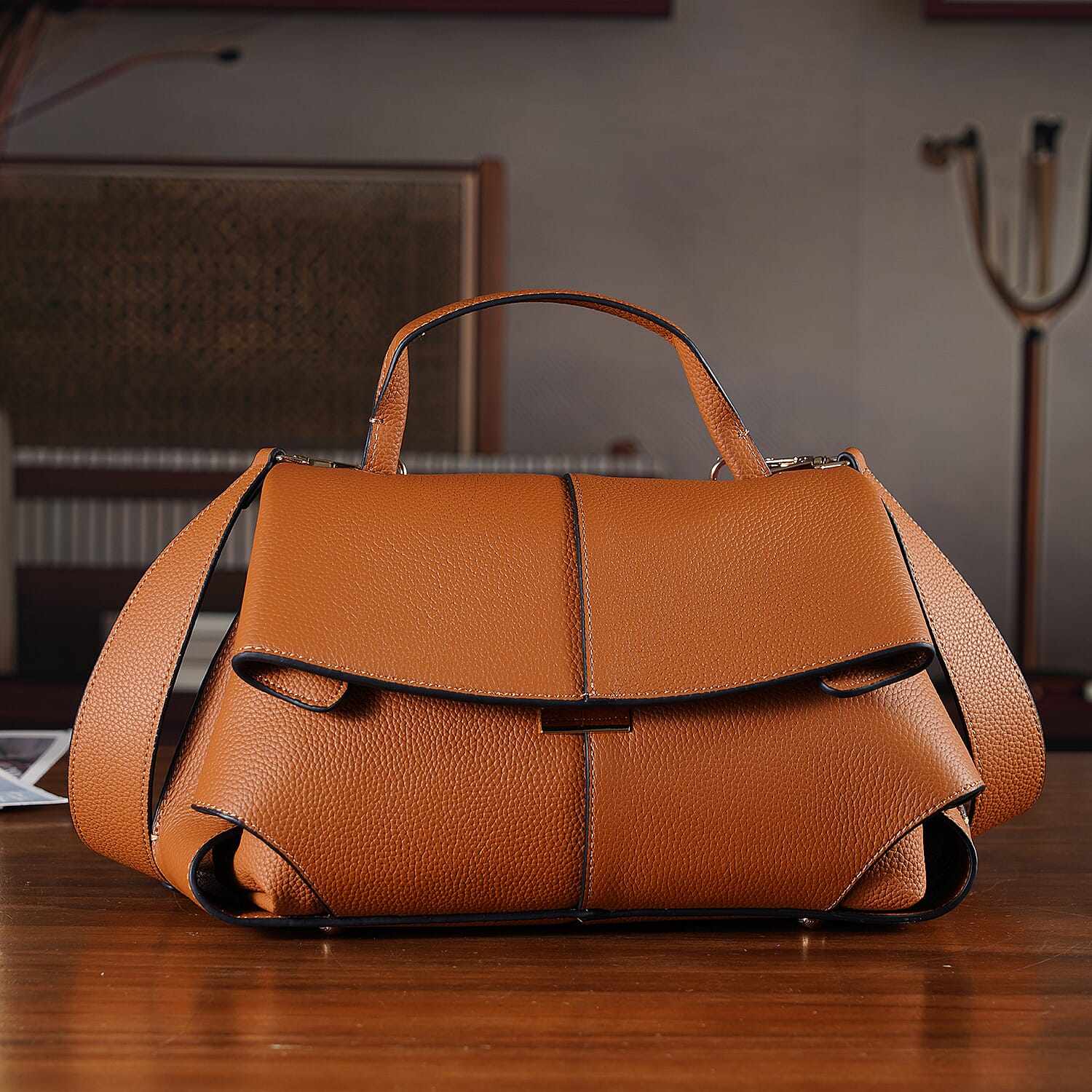 La Marey Signature Genuine Leather Tote-  Top Handle Handbag with Crossbody Strap - Brown