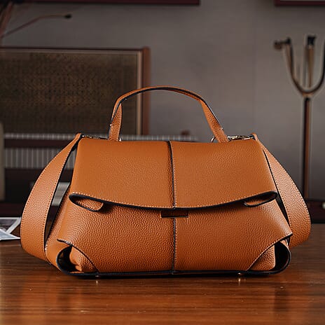 La Marey Signature Genuine Leather Tote-  Top Handle Handbag with Crossbody Strap - Brown