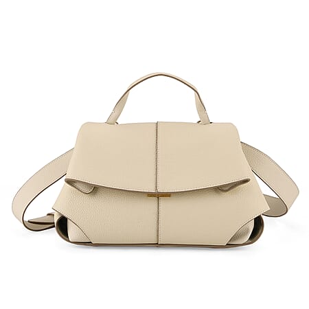 La Marey Signature Genuine Leather Tote Top Handle Handbag with Crossbody Strap - Off White