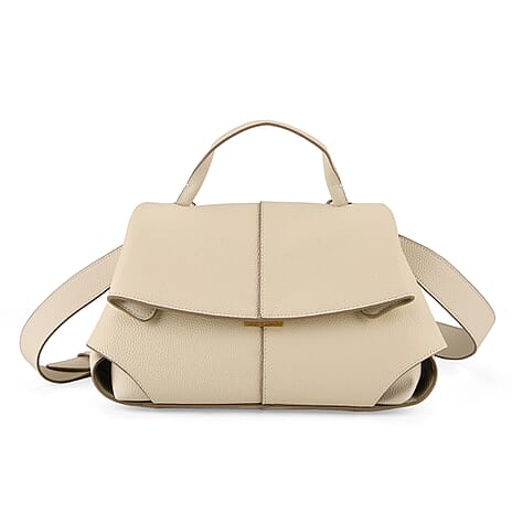 La Marey Signature Genuine Leather Tote Top Handle Handbag with Crossbody Strap - Off White