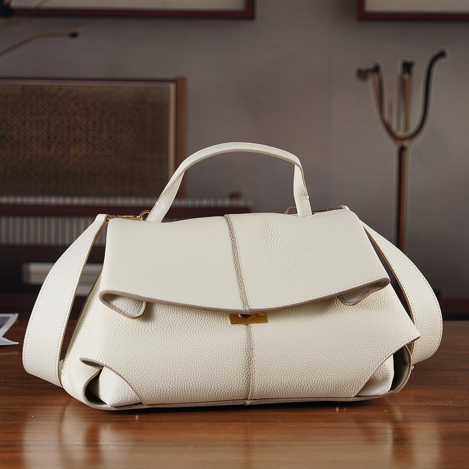 La Marey Signature Genuine Leather Tote Top Handle Handbag with Crossbody Strap - Off White