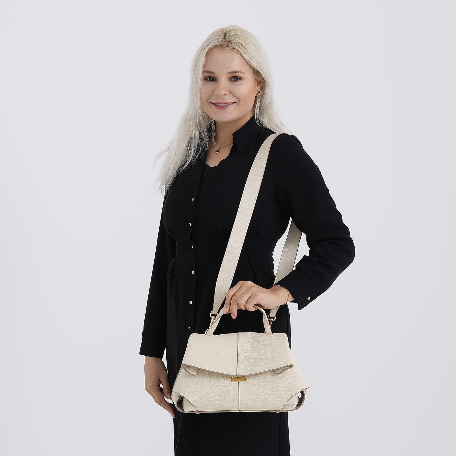 La Marey Signature Genuine Leather Tote Top Handle Handbag with Crossbody Strap - Off White