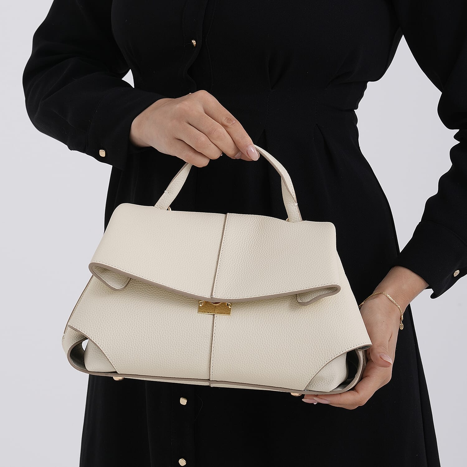 La Marey Signature Genuine Leather Tote Top Handle Handbag with Crossbody Strap - Off White