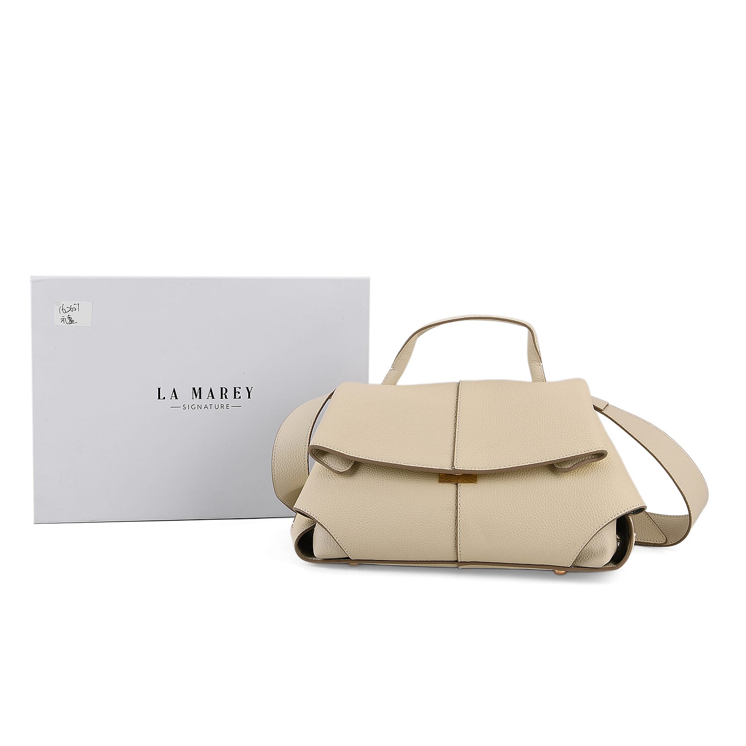 La Marey Signature Genuine Leather Tote Top Handle Handbag with Crossbody Strap - Off White