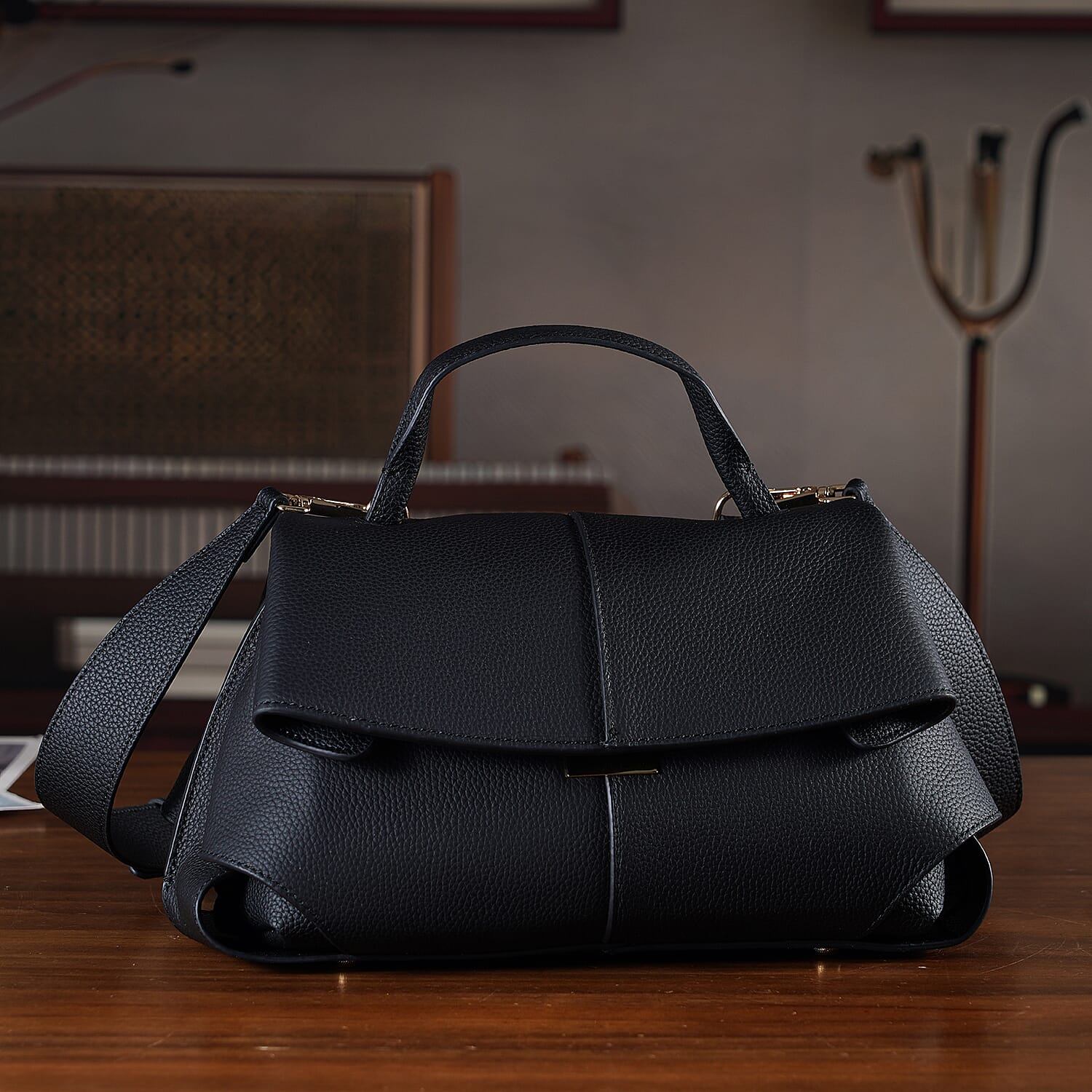 La Marey Signature Genuine Leather Tote-Top Handle Handbag with Crossbody Strap - Black