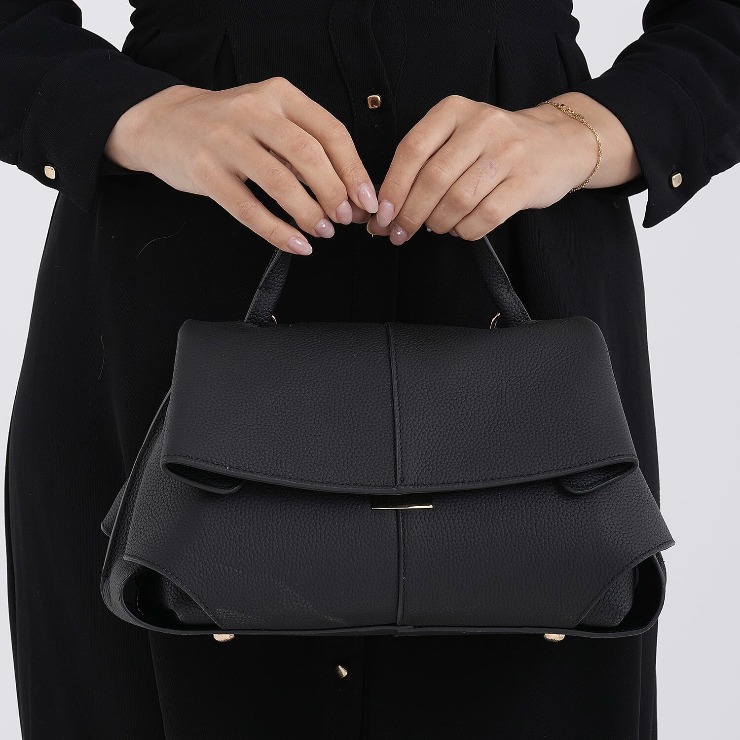 La Marey Signature Genuine Leather Tote-Top Handle Handbag with Crossbody Strap - Black