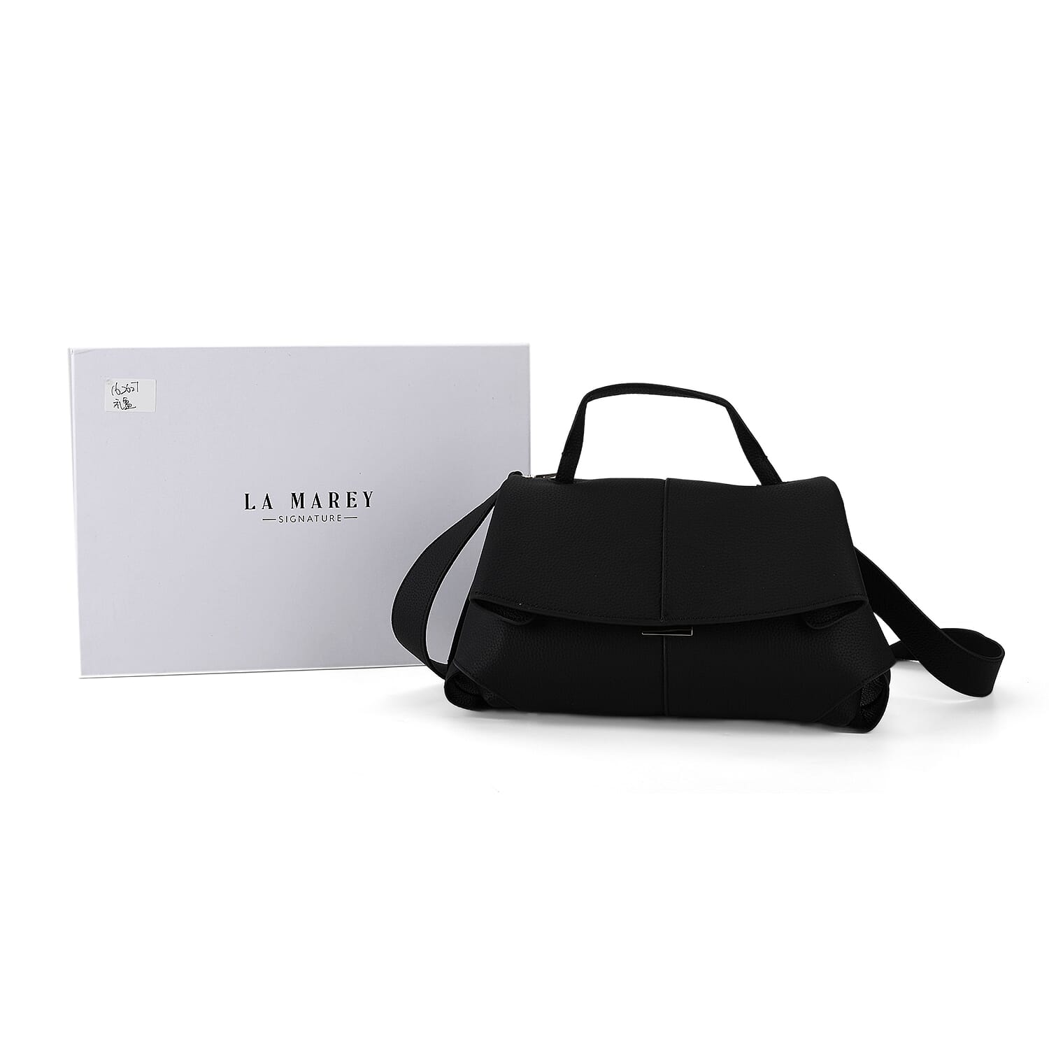 La Marey Signature Genuine Leather Tote-Top Handle Handbag with Crossbody Strap - Black