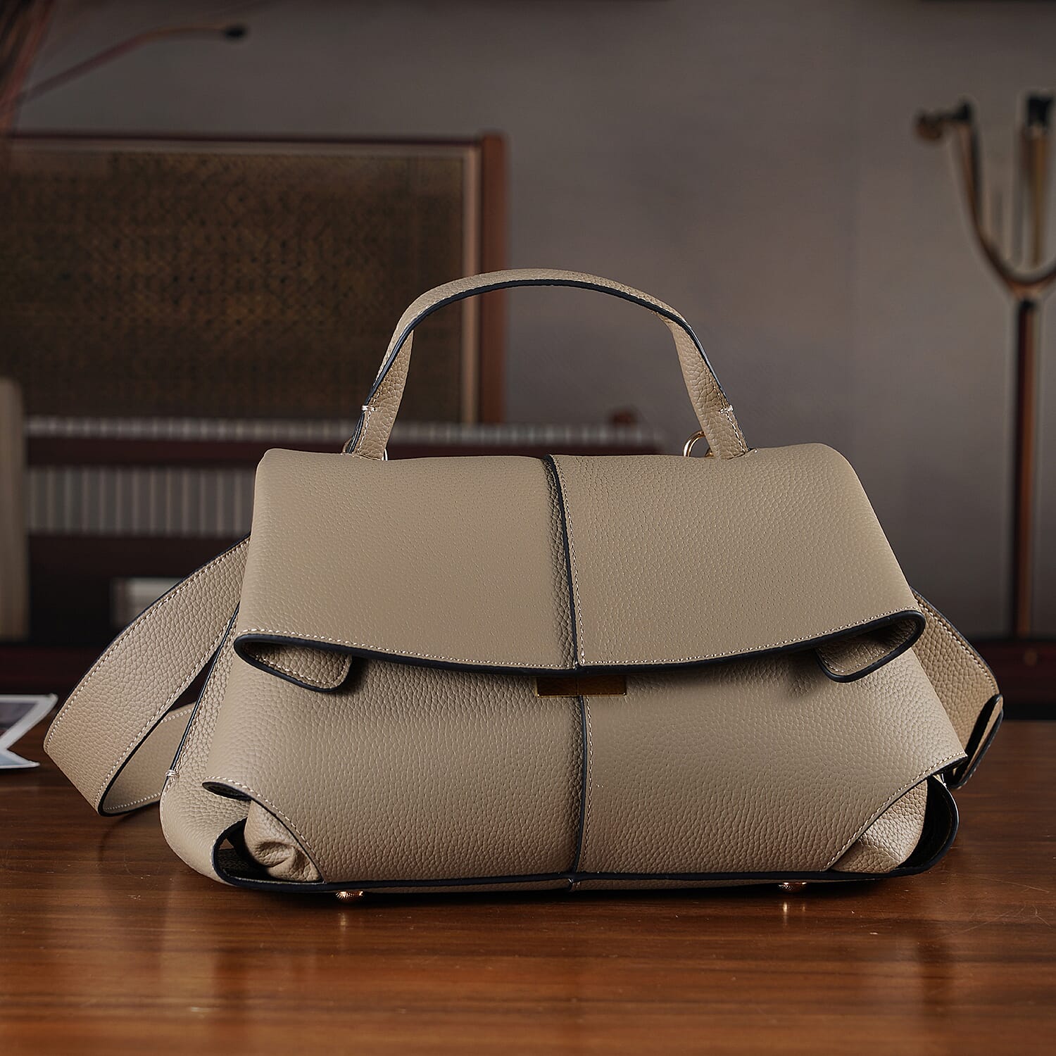 La Marey Signature Genuine Leather Tote-Top Handle Handbag with Crossbody Strap - Grey