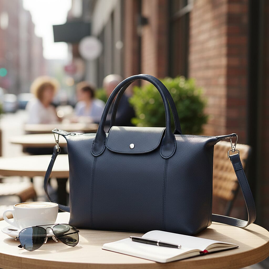 La-Marey-Longchamp-Le-Pliage-Cuir-Handbag-with-Adjustable-Strap-Blue