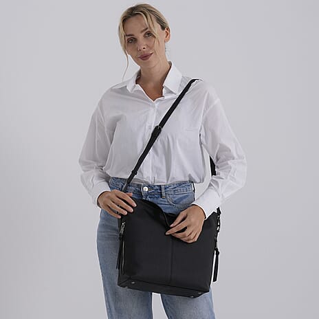 Valissiere Genuine Leather Top Handle Shoulder Bag With Detachable Crossbody Strap - Black