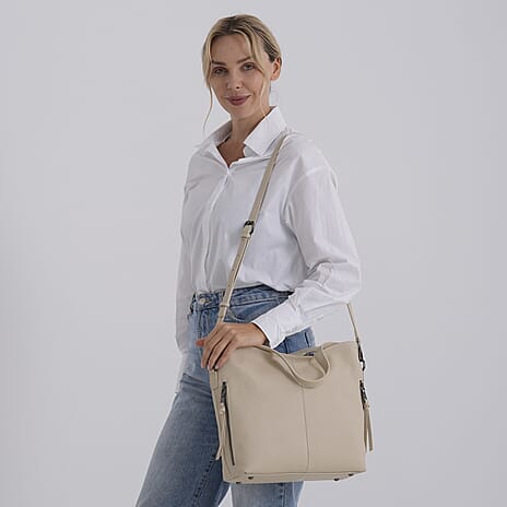 Valissiere Genuine Leather Top Handle Shoulder Bag With Detachable Crossbody Strap - Off White