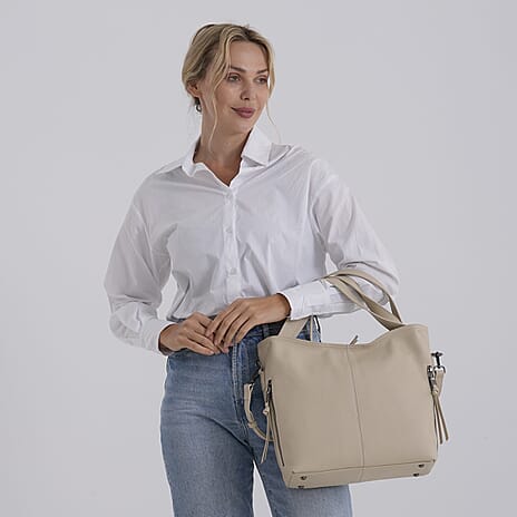 Valissiere Genuine Leather Top Handle Shoulder Bag With Detachable Crossbody Strap - Off White
