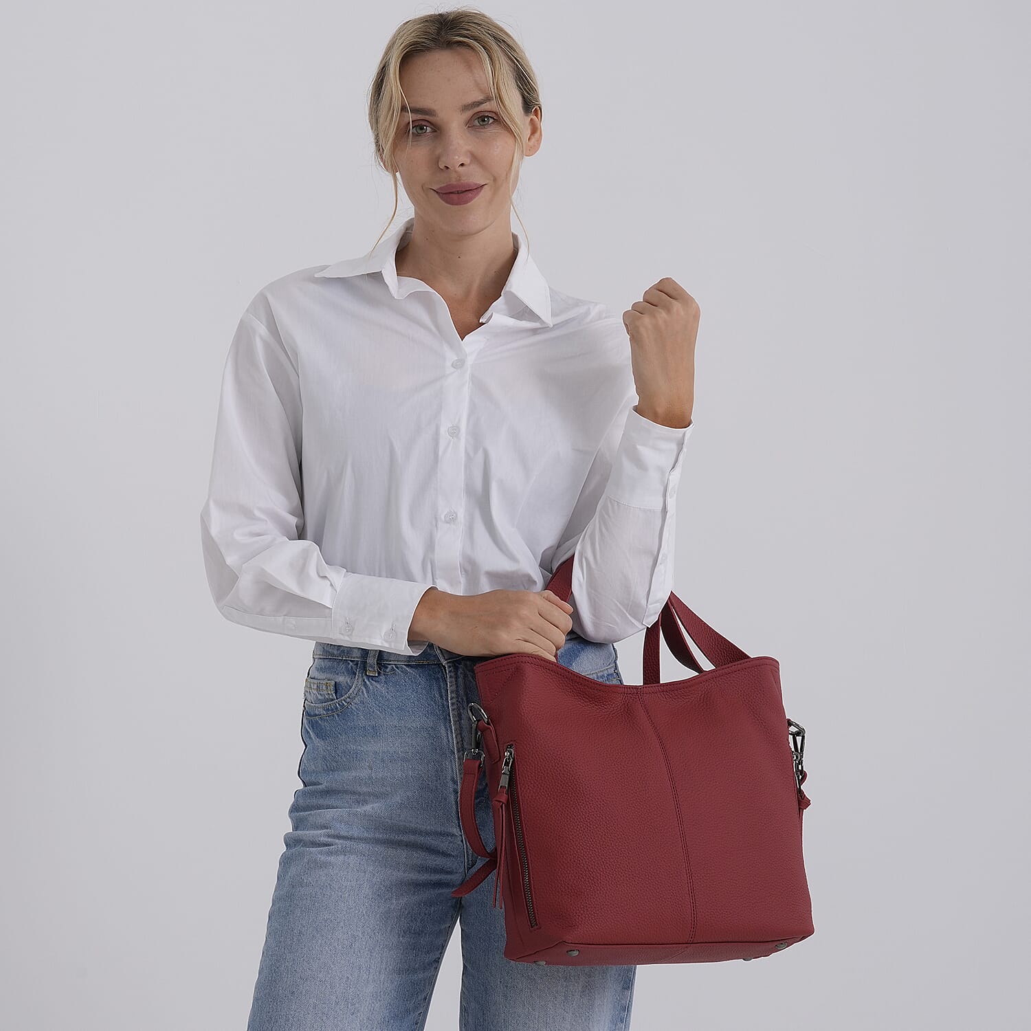 Valissiere Genuine Leather Top Handle Shoulder Bag With Detachable Crossbody Strap - Red