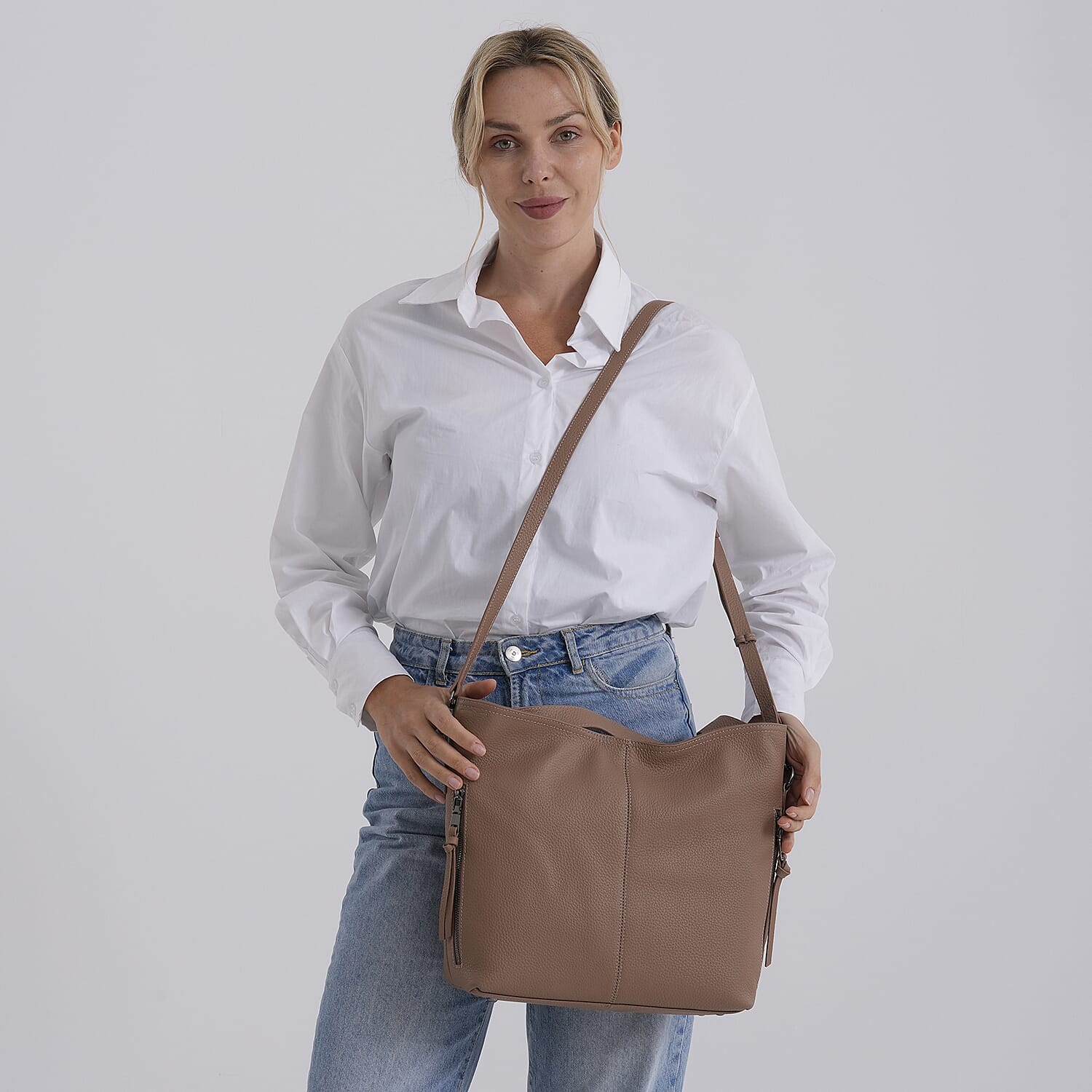 Valissiere Genuine Leather Top Handle Shoulder Bag With Detachable Crossbody Strap - Khaki