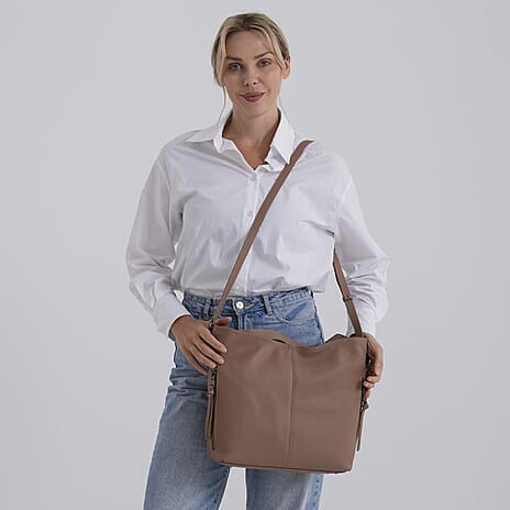 Valissiere Genuine Leather Top Handle Shoulder Bag With Detachable Crossbody Strap - Khaki