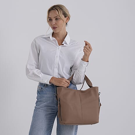 Valissiere Genuine Leather Top Handle Shoulder Bag With Detachable Crossbody Strap - Khaki