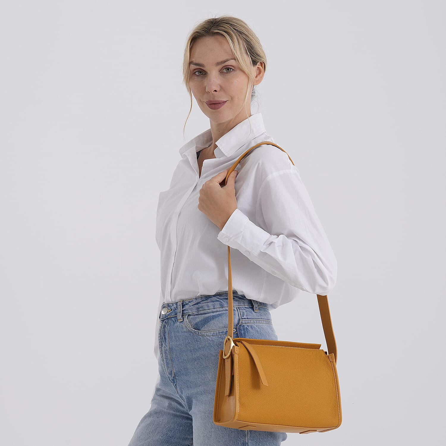 Valissiere Designer Inspired Genuine Leather Small Crossbody Handbag - Mustard