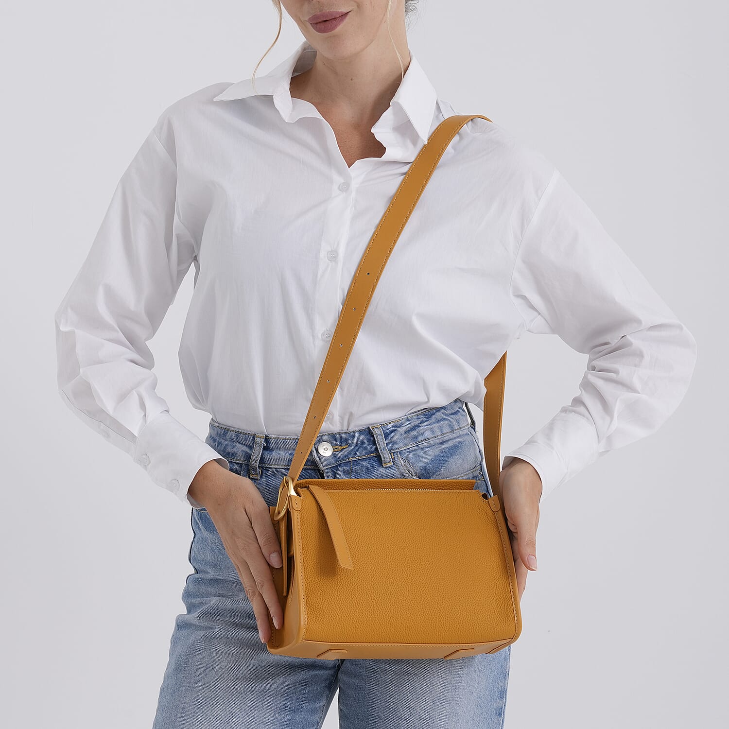 Valissiere Designer Inspired Genuine Leather Small Crossbody Handbag - Mustard