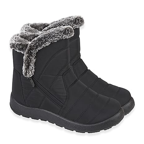Shoetree Comfort Ladies Hawthorn Quilted Faux-Fur Lined Ankle Boots With Side Zip (Size 7) - Black