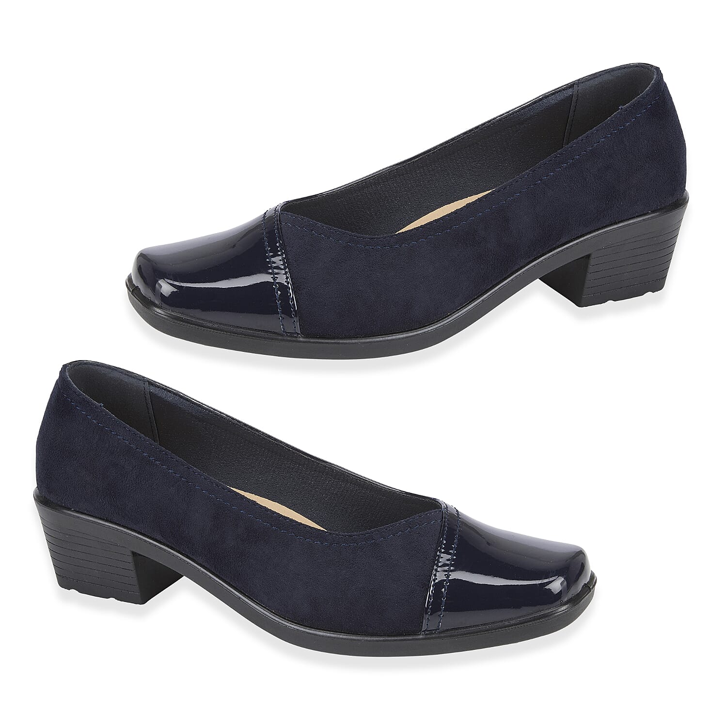 Shoetree Comfort Diana Ladies Lightweight Easy Slip-On Two Tone Court Shoe With Toe Cap Detail (Size 8) - Navy