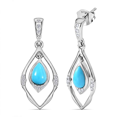 D'Joy Sleeping Beauty Turquoise & White Zircon Dangling Earring with Push Back in Rhodium Overlay Sterling Silver 1.56 Ct.