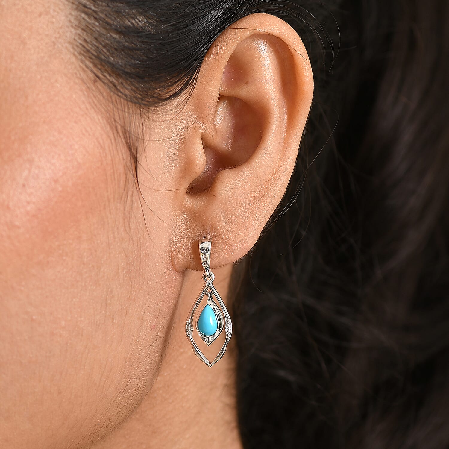 D'Joy Sleeping Beauty Turquoise & White Zircon Dangling Earring with Push Back in Rhodium Overlay Sterling Silver 1.56 Ct.