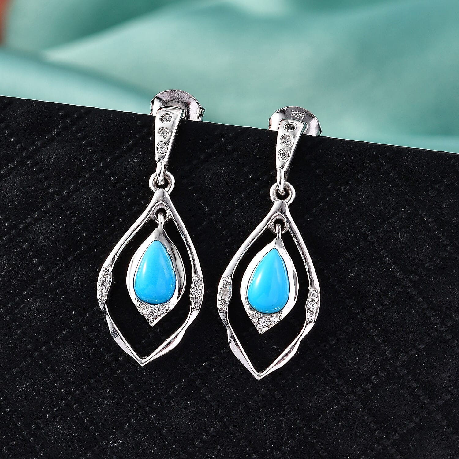 D'Joy Sleeping Beauty Turquoise & White Zircon Dangling Earring with Push Back in Rhodium Overlay Sterling Silver 1.56 Ct.