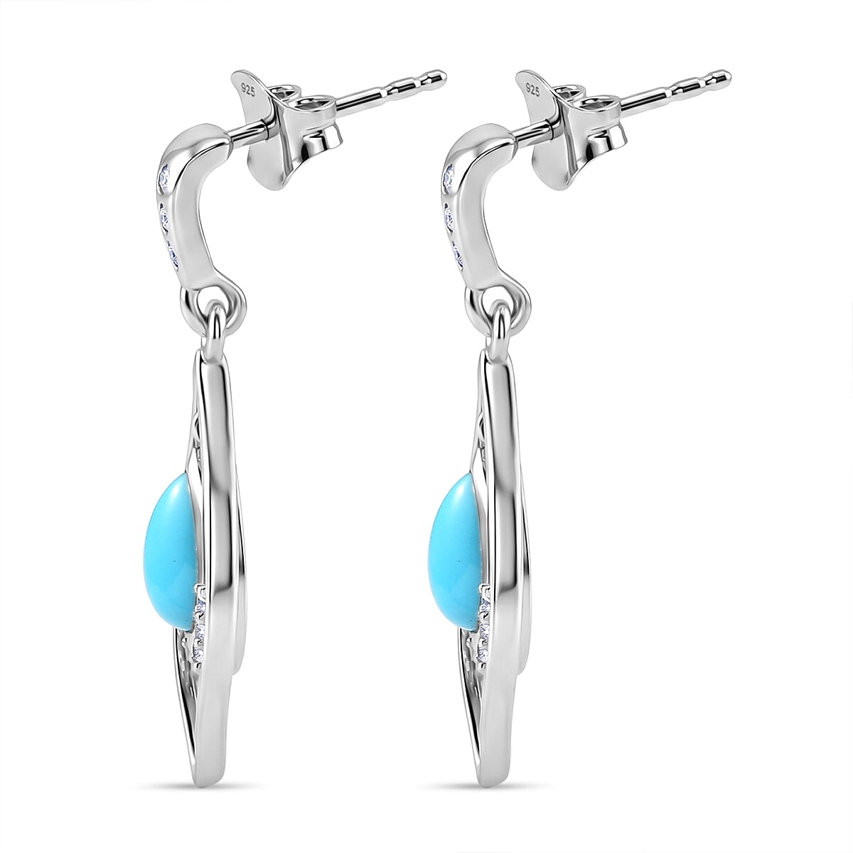 D'Joy Sleeping Beauty Turquoise & White Zircon Dangling Earring with Push Back in Rhodium Overlay Sterling Silver 1.56 Ct.