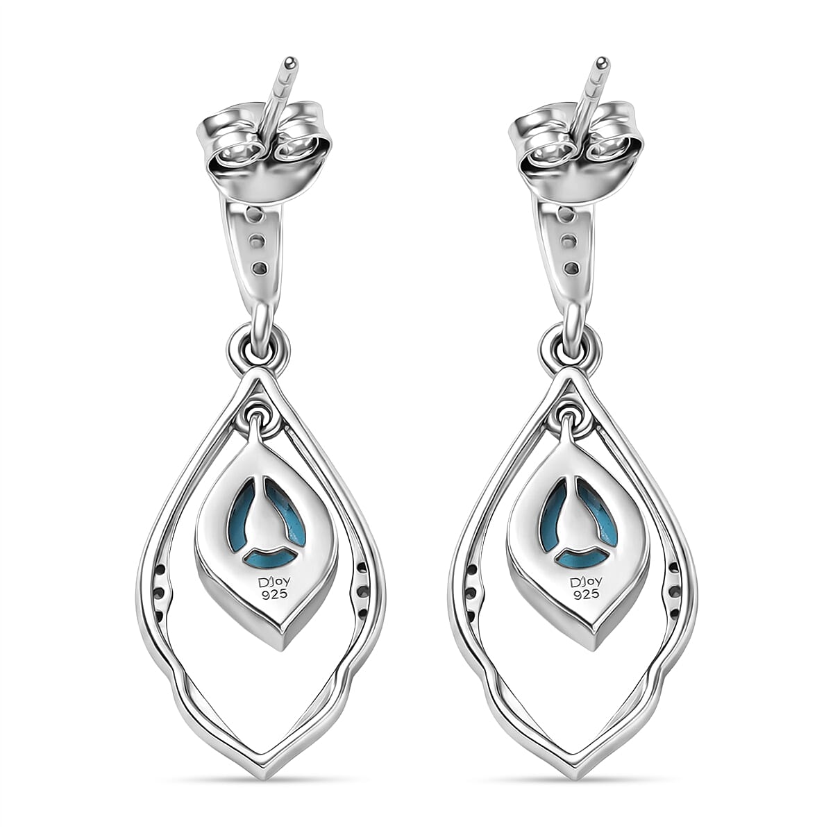 D'Joy Sleeping Beauty Turquoise & White Zircon Dangling Earring with Push Back in Rhodium Overlay Sterling Silver 1.56 Ct.