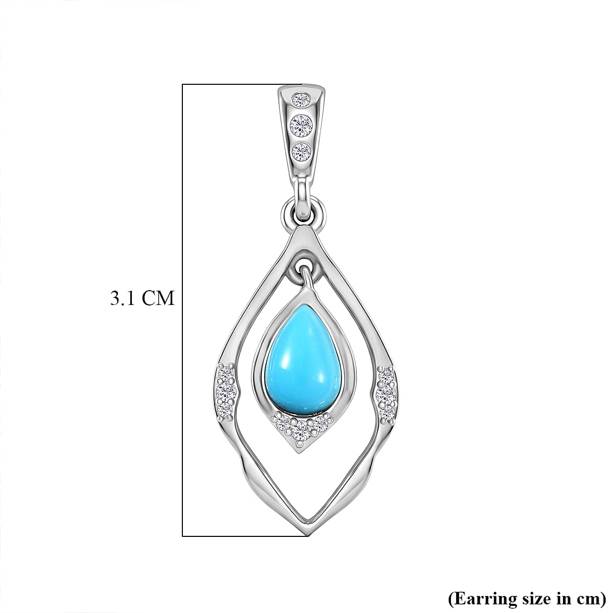D'Joy Sleeping Beauty Turquoise & White Zircon Dangling Earring with Push Back in Rhodium Overlay Sterling Silver 1.56 Ct.