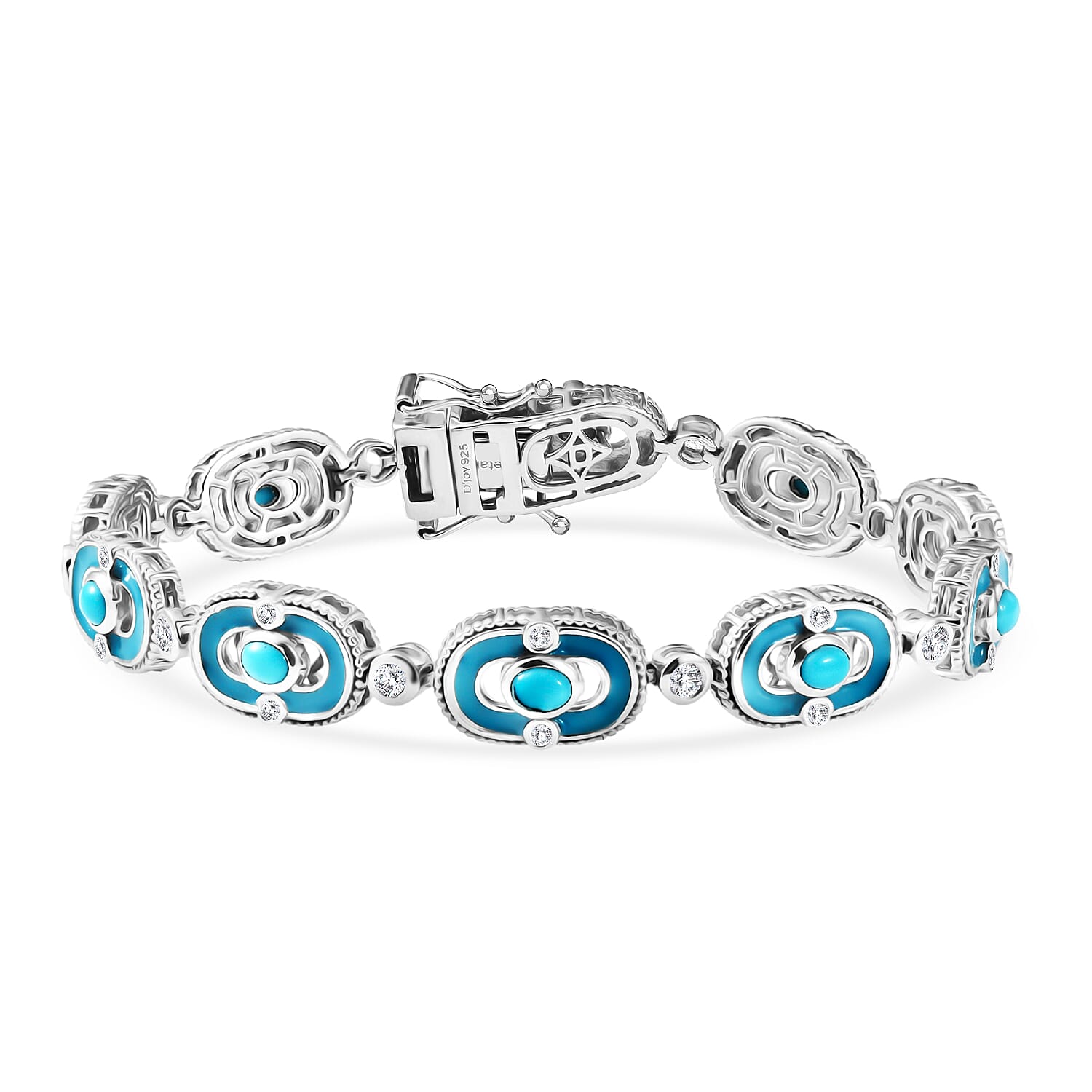 D'Joy Sleeping Beauty Turquoise & White Zircon Station Bracelet (Size - 7.5) with GB Lock Box in Rhodium Overlay Sterling Silver 2.94 Ct, Silver Wt. 17.87 Gms