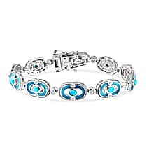 D'Joy Sleeping Beauty Turquoise & White Zircon Station Bracelet (Size - 7.5) with GB Lock Box in Rhodium Overlay Sterling Silver 2.94 Ct, Silver Wt. 17.87 Gms